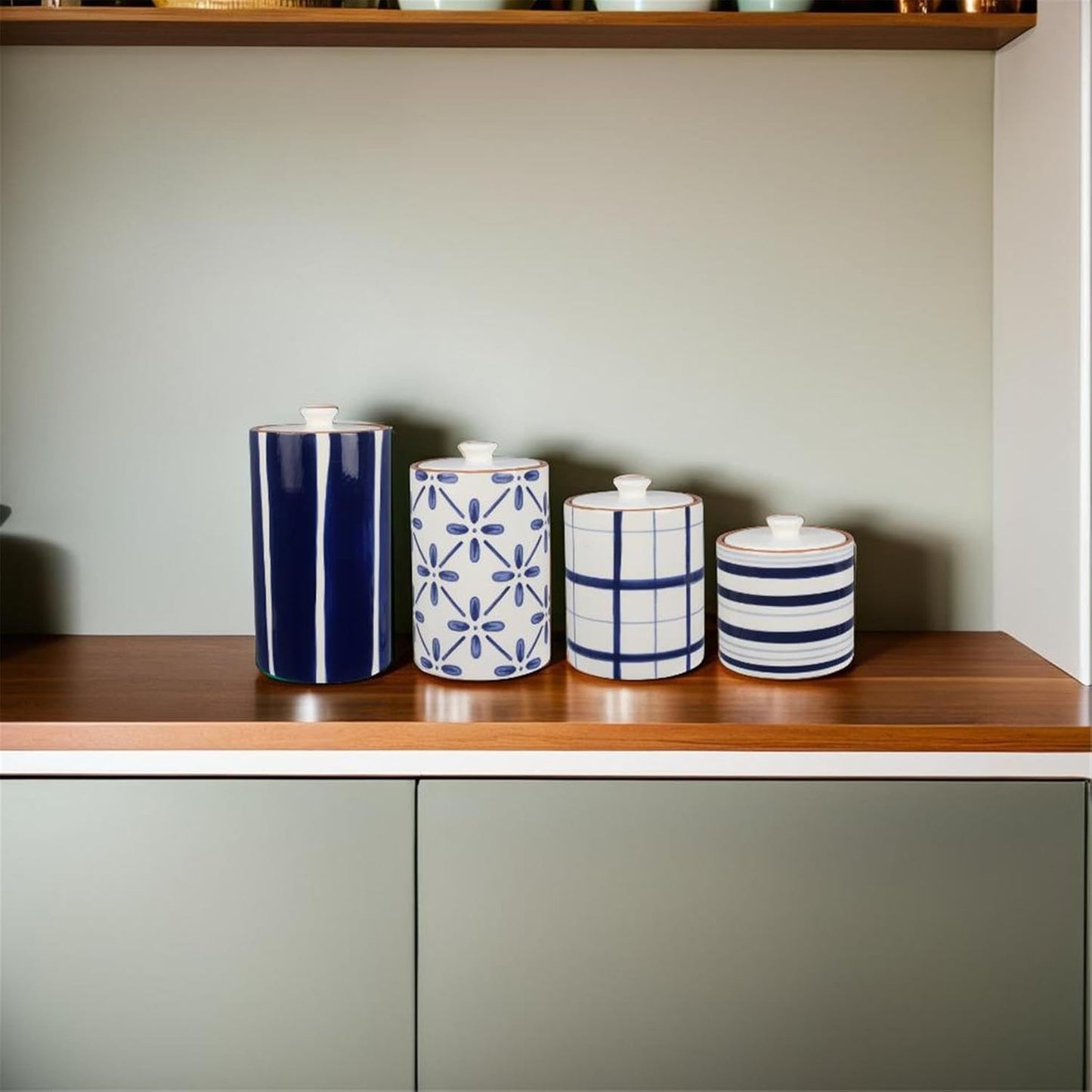 Young's Inc. 4 Pcs Set Cylindrical Ceramic Canisters- Storage Container for Kitchen and Bathroom - Beautiful Home Decor Accent to Store Food, Coffee, Tea, and More - White, Blue-VerdiqueGarden