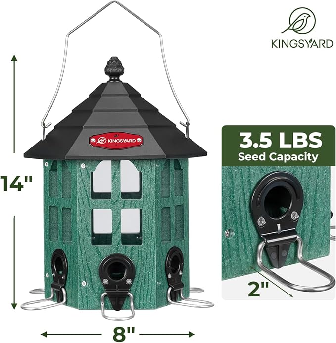 Kingsyard Wild Bird Feeder for Outdoor Hanging, Recycled Plastic Bird Feeders with 6 Ports & U-Shape Perch, Garden Yard Outside Decoration, 3.5 lbs Seed Capacity, Green-VerdiqueGarden