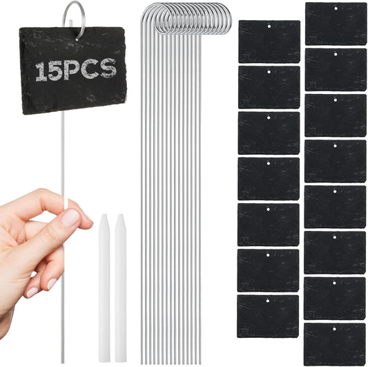 15PCS Slate Plant Markers with Stakes and Stone Chalks Garden Markers Signs Labels Hanging Slate Planter Tags for Flower Bed, Pots, Planters-VerdiqueGarden