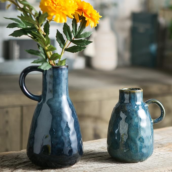 Ceramic Vase Set of 2, Blue Glazed Small Pottery Vases with Handles, Decorative Clay Vase Modern Farmhouse Decor, Centerpiece Dining Table Decorations Porcelain-VerdiqueGarden