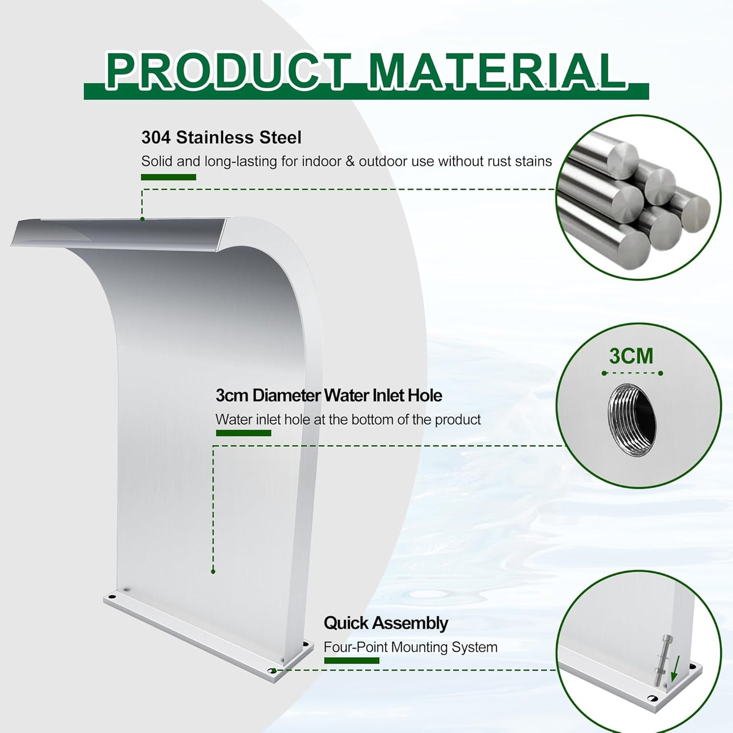 S-Shape Waterfall Spillway Ground Pool Fountain, LONGRUNNEW 304 Stainless Steel Outdoor Water Feature 24.13'' x 9.37'' x 15.39'' for Garden Decor, Landscape Accents & Patio Pond Water Feature-Large-VerdiqueGarden