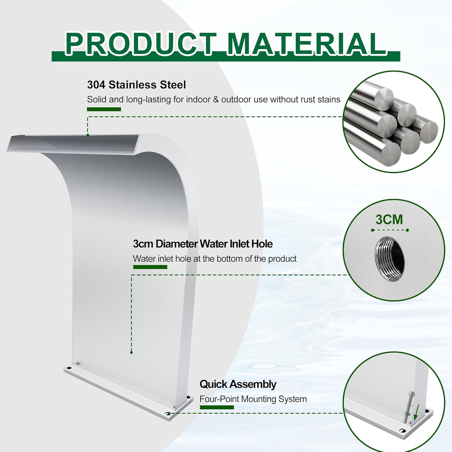 S-Shape Waterfall Spillway Ground Pool Fountain, LONGRUNNEW 304 Stainless Steel Outdoor Water Feature 24.13'' x 9.37'' x 15.39'' for Garden Decor, Landscape Accents & Patio Pond Water Feature-Large-VerdiqueGarden