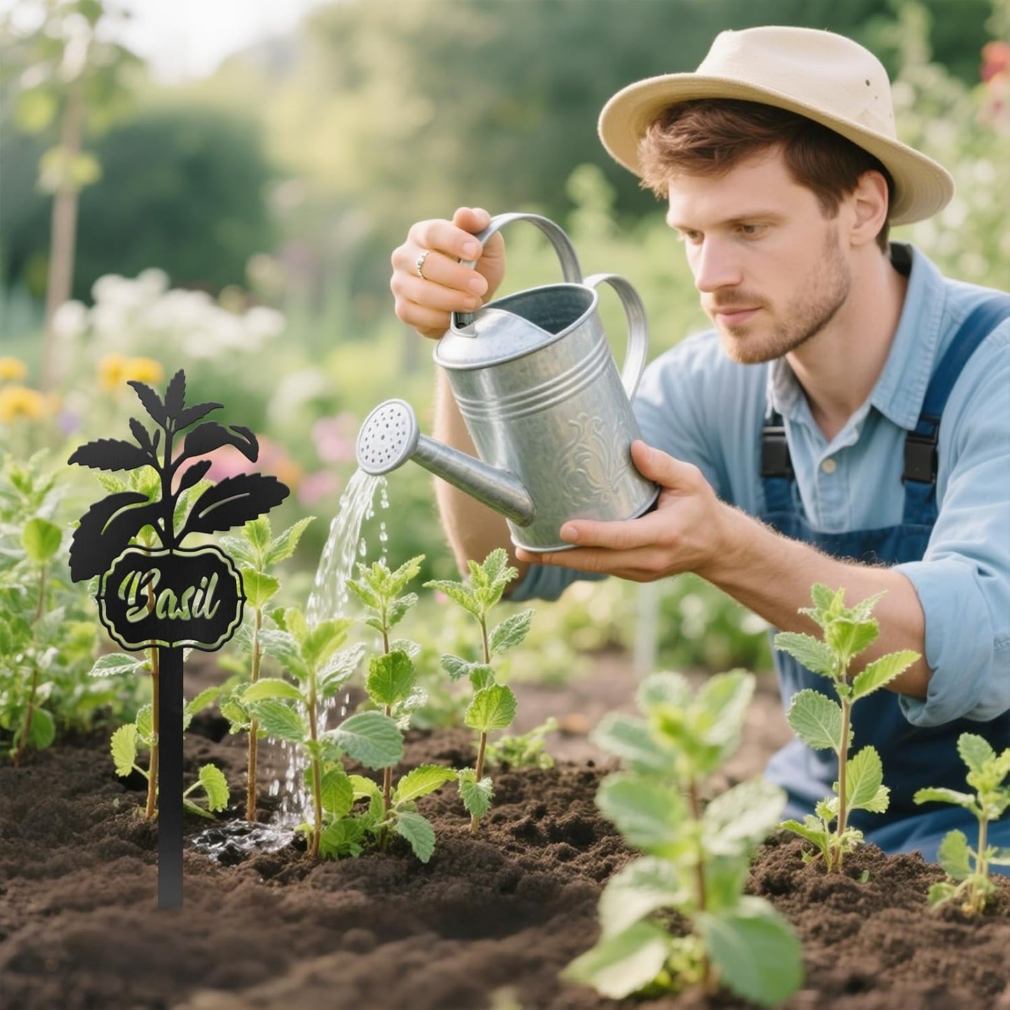 CUTHOLLOW Metal Plant Marker Stake Basil for Outdoor Indoor, Waterproof 11.8 inch Cute Garden Plant Labels Sign Tag for Vegetables, Farmhouse Greenhouse Decor - Funny Gardening Gifts-VerdiqueGarden