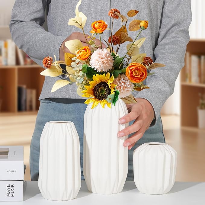 Ceramic Vase Set of 3, White Vase for Modern Home Decor, Decorative Vases for Bouquet Pampas Grass Dried Flowers, Living Room, Bedroom, Bathroom, Shelf Centerpiece Table Decorations-VerdiqueGarden