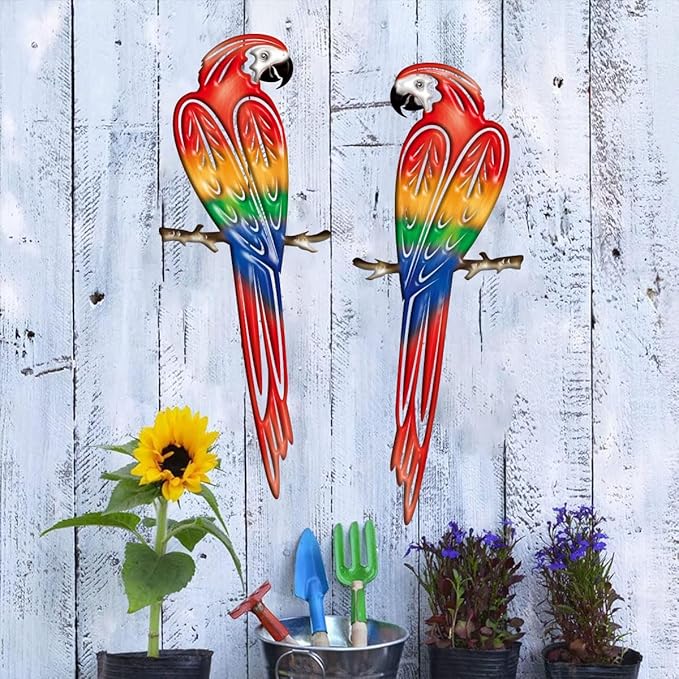 Metal Outdoor Wall Art Decor,3D Colorful Garden Birds Sculpture Outdoor Iron Hanging Parrot Decor, Metal Hand-Made Bird Wall Art Decorations for Fence Patio Balcony Living Room-VerdiqueGarden