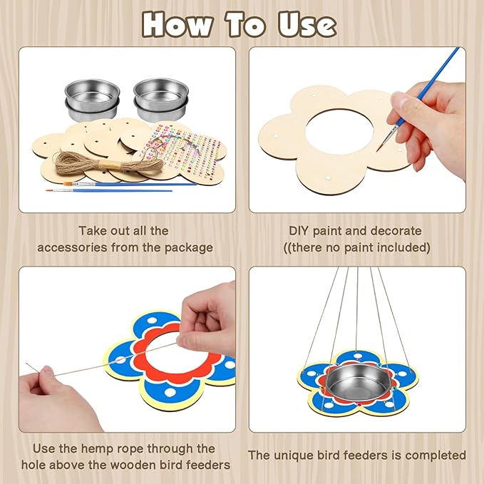 Fennoral 4 Pack Bird Feeder Kits for Kids Make Your Own Bird Feeders Wooden Art and Craft for Girls Boys Ornaments DIY to Paint Craft for Spring Garden Outdoor Decoration Summer Activities Project-VerdiqueGarden