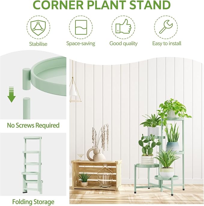 iDavosic.ly 5 Tier Large Plant Stand Indoor, 10 Inch Wide Corner Tall Metal Plant Stands Outdoor for Multiple Plants, Folding Tiered Flower Display Holder Rack Shelf, Light Green-VerdiqueGarden
