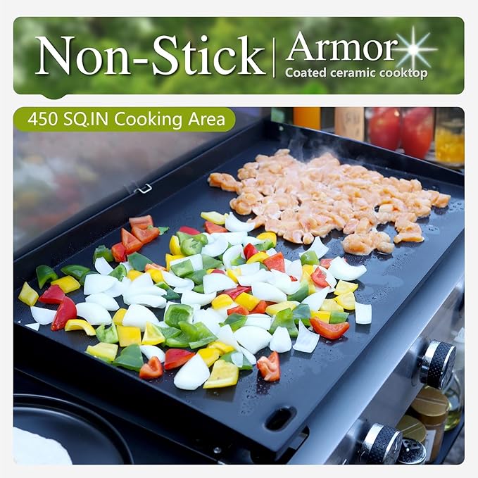 Sophia & William 27-Inch Flat Top Grill with Ceramic Coated Cast Iron Griddle, 3-Burner Propane Gas BBQ Griddle, Portable Outdoor Barbecue Grill,33,000 BTU,Black-VerdiqueGarden