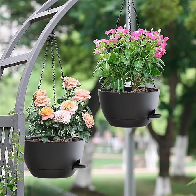 12 Inch Hanging Baskets 2 PC with Chains, Self-Watering Hanging Planters for Indoor Outdoor Plants, Plastic Hanging Flower Pots,Black-VerdiqueGarden