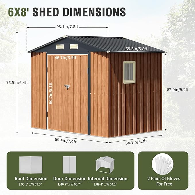 8x6 Ft Storage Shed, Large Outdoor Shed with Window, Lockable Doors, Outside Steel Shed for Garden, Backyard, Lawn, Patio Utility, Tool Storage-VerdiqueGarden