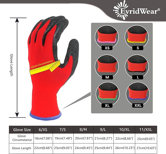 Evridwear Crinkle Latex Rubber Hand Coated Safety Work Gloves for Men Women General Multi Use Construction Warehouse Gardening Assembly Landscaping (XS-Size) 12 Pairs Pack-VerdiqueGarden