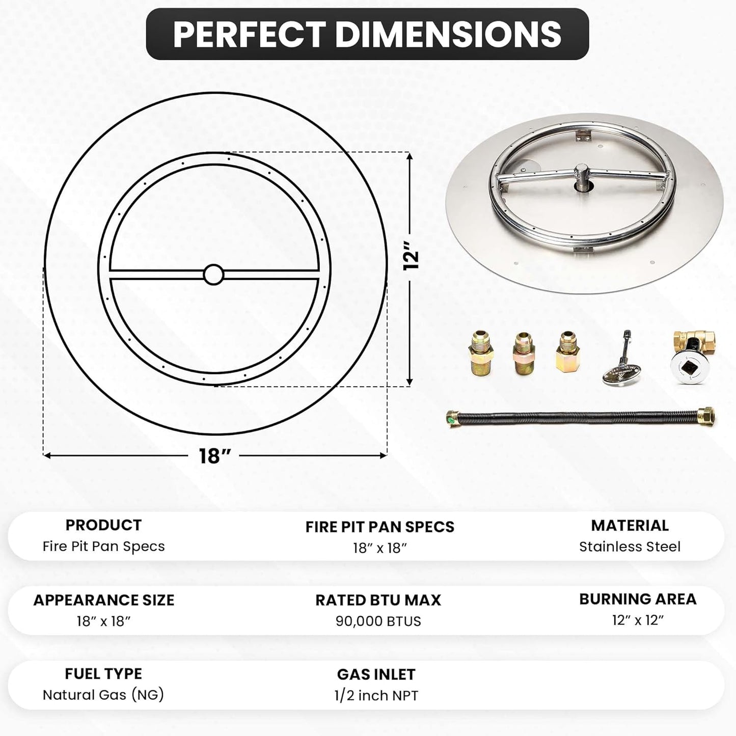 Fire Pit Burner Pan & Ring - Works with Natural Gas - Stainless Steel Fire Pit Burner Kit 18-Inch Pan, 12-Inch Ring - 90,000 BTU Max-VerdiqueGarden