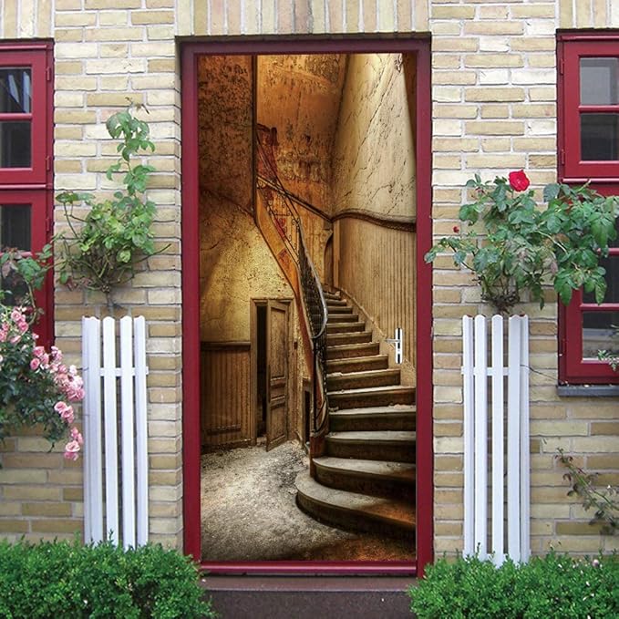 3D Door Wallpaper Self-Adhesive Door Sticker - Old Stairs - Door Film Poster Premium PVC Waterproof Wall Sticker for Bedroom Living Room Door Decoration Wallpaper 80 x 200 cm-VerdiqueGarden
