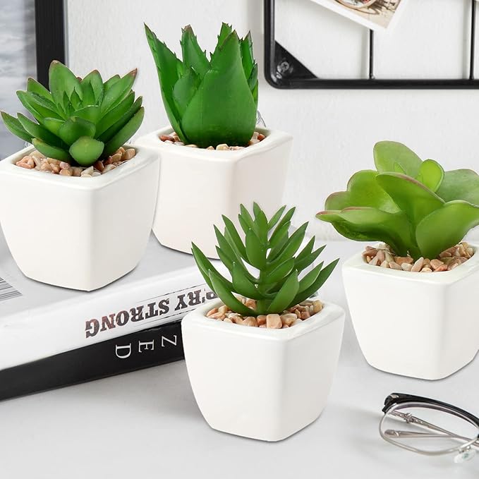 Hollyone Succulents Plants Artificial 4Pcs Small Fake Succulents in Pots Faux Plastic Potted Plants with White Ceramic Pot for Home Decor Office Desk Bathroom Shelf Indoor & Outdoor Decoration-VerdiqueGarden