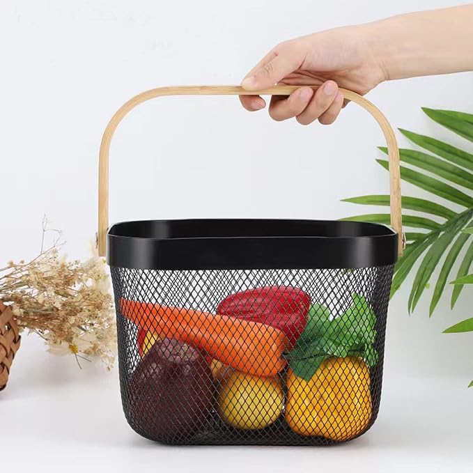 Metal Mesh Steel Basket, Storage Organizer Basket Multi-functional Hanging Kitchen Baskets Fruit Basket Bin with Bamboo Handle for Kitchen Bathroom Picnic Shopping Decor Cabinet Home, Black-VerdiqueGarden