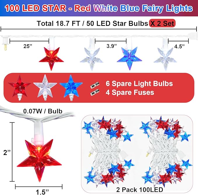 100 LED Red White and Blue Star Lights, 37FT 4th of July Star String Lights Plug in for Home Patio Garden Yard Memorial Day Independence Day Patriotic Decorations Outdoor, White Wire-VerdiqueGarden