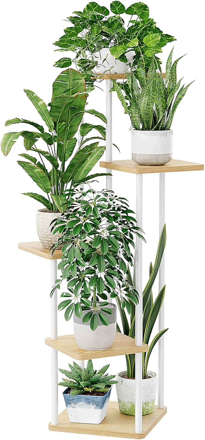 Bamworld Corner Plant Stand Indoor, Tall Metal Plant Shelf for Multiple Plants, 5 Tier Flower Stand for Patio Garden Balcony Living Room Bedroom(White)-VerdiqueGarden