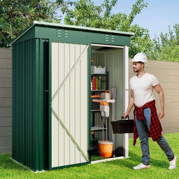 Gizoon 5' x 3'Outdoor Storage Shed with Singe Lockable Door,Galvanized Metal Shed with Air Vent Suitable for The Garden,Tiny House Storage Sheds Outdoor for Backyard Patio Lawn-Green-VerdiqueGarden