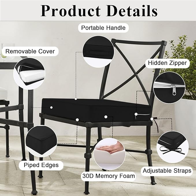 Outdoor Chair Cushions Set of 2 for Patio Furniture 22x22x4 Inch Waterproof Patio Chair Cushion 3 Year Color Fastness Square Elastic Foam Garden Couch Pads with Ties and Handle,Black-VerdiqueGarden