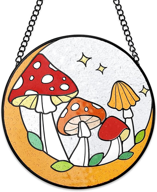 Tuitessine Mushroom Stained Glass Suncatcher Moon Toadstools Window Wall Hanging Ornament Hand-Painted Glass Panel Decor for Home Gift for Nature Plant Mushroom Lovers 6.3"*6.3"-VerdiqueGarden