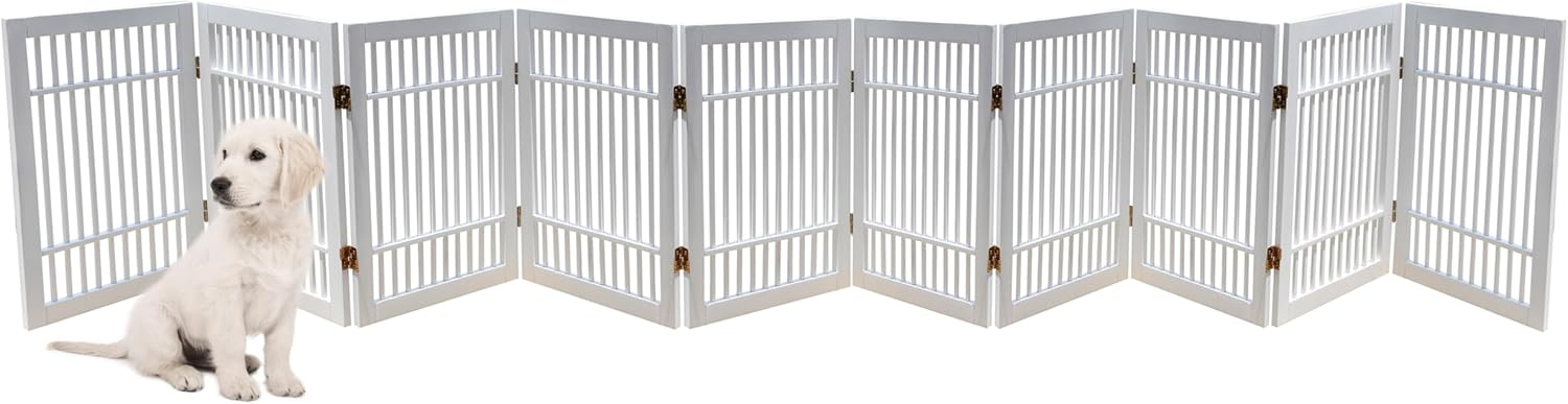 Pet Dog Gate Strong and Durable Freestanding Folding Acacia Hardwood Portable Wooden Fence Indoors or Outdoors by Urnporium (White Pet Gate, 10 Panel 24" Tall)-VerdiqueGarden