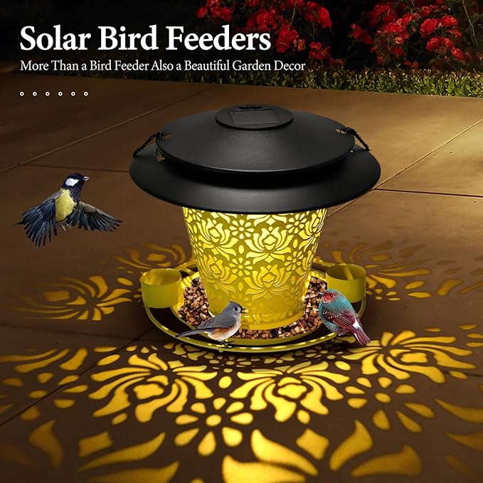 Solar Bird Feeders for Outside Hanging Metal Wild Bird Feeder Solar Lanterns Outdoor Waterproof Garden Decor for Yard Yellow-VerdiqueGarden