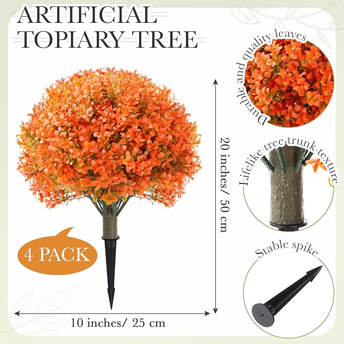 Yunlly 4 Pack 18" Artificial Boxwood Ball Bush Topiary Trees Fake Outdoor Plants, Realistic UV Resistance Faux Shrubs with Spike Greenery Topiary for Front Porch Garden Yard Patio Indoor (Orange)-VerdiqueGarden