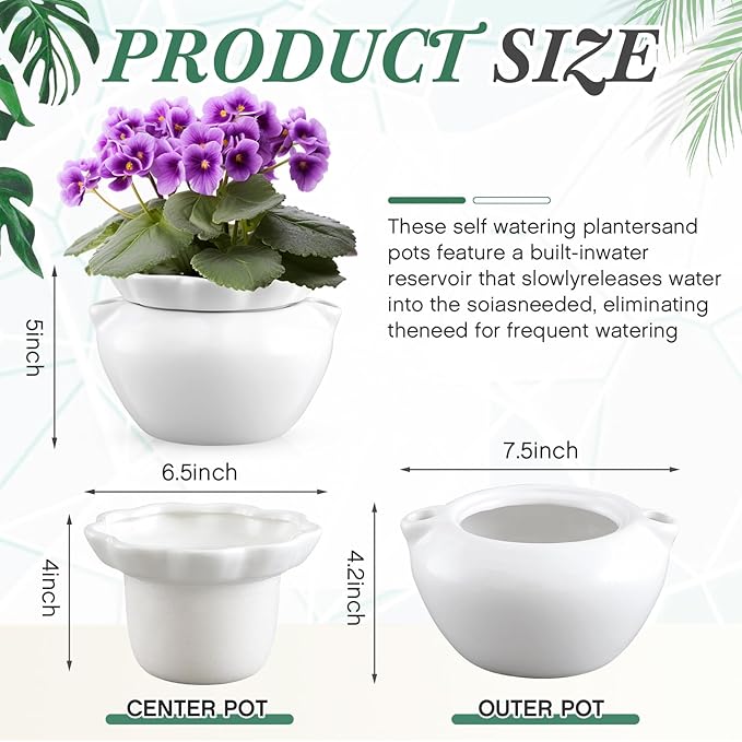 1 Set 7.5 Inches African Violet Pots Self Watering White Ceramic Pot for Indoor Plants, Flowerpot with Highly Absorbent Inner Pot for Busy Plant Lovers, Plant Care-VerdiqueGarden