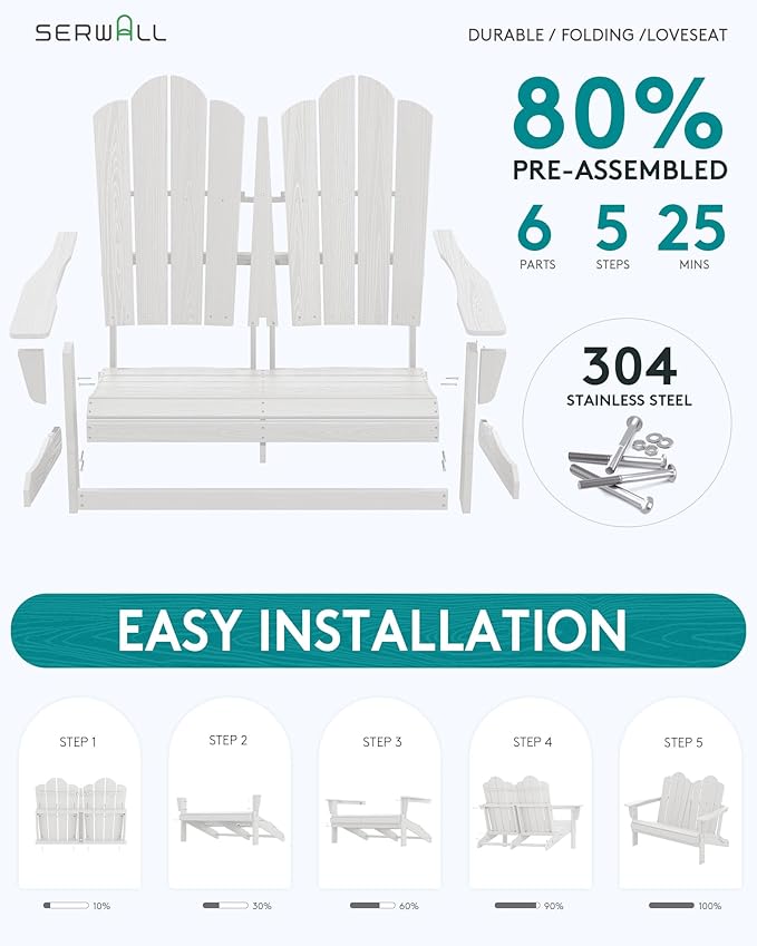 SERWALL Folding Adirondack Bench, HDPE All-Weather Adirondack Loveseat, 660 lbs Capacity, Foldable Outdoor Patio Bench for Deck, Lawn, Garden, White-VerdiqueGarden