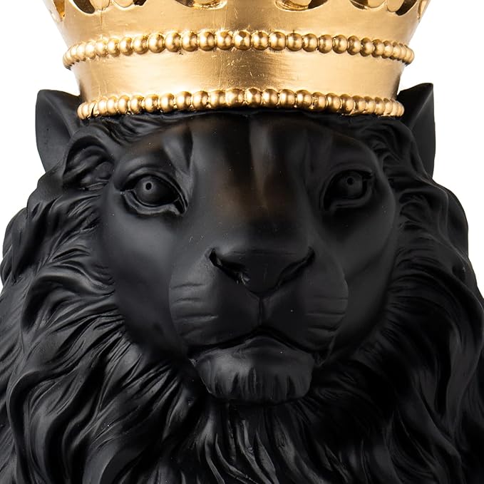 LCdecohome Lion Statue - Outdoor Collectible Figurine, 15 Inch Gold Crown Black Standing Lion Home Decor for Desk & Home Black Decor Gift-VerdiqueGarden