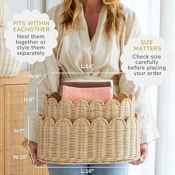 BEBE BASK Premium Scalloped Basket Set Of 2 - Scallop Basket - 16 x 10 x 7 Inch - Hand-Woven Elegant Wicker With Scalloped Edge - Nursery Storage (Natural)-VerdiqueGarden