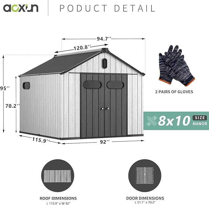Aoxun 10X8FT Outdoor Shed with Floor, Resin Storage Shed with Lockable Door, Garden Utility Tool Shed Storage House for Backyard, Patio, Lawn-VerdiqueGarden