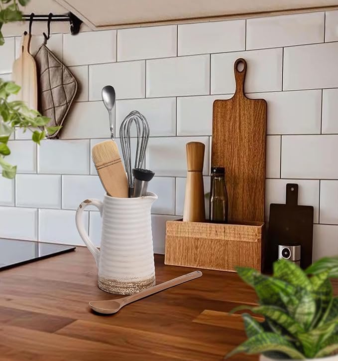 Quoowiit Ceramic Rustic Vase with Handle, White Distressed Decorative Farmhouse Pitcher Vase for Home Decor Living Room Bedroom Kitchen Office Shelf Decor Centerpiece Table Decoration-VerdiqueGarden