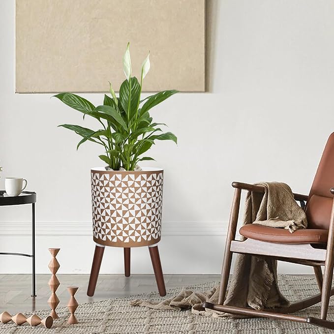 10 Inches Plant Pots with Wood Stand Large Modern Standing Planters for Indoor Mid Century Flower Pot with Drainage Holes Big White & Gold Planters for Living Room, Office, Garden or Balcony-VerdiqueGarden