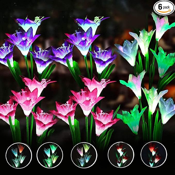 ANGMLN 6 Pack Solar Flowers Lights,24 Bigger Head Solar Lily Flowers, 7 Color Changing Pathway Lamps for Garden Patio Yard Party Wedding Holiday Outdoor Garden Stake Decoration (Purple2&White2&Pink2)-VerdiqueGarden
