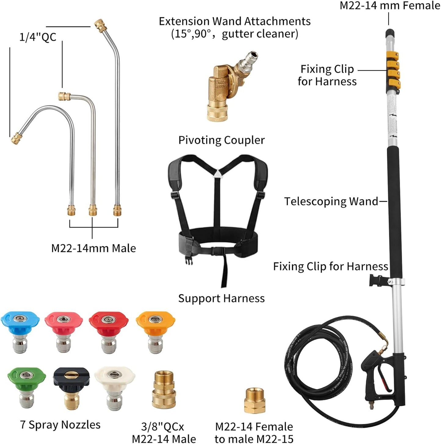 Tecoloy 24 FT Telescoping Pressure Washer Wand with Power Washer Extension Wand, Support Belt, Gutter Cleaner Attachment, 5 Spray Nozzle Tips and 2 Hose Inlet Adapters-VerdiqueGarden