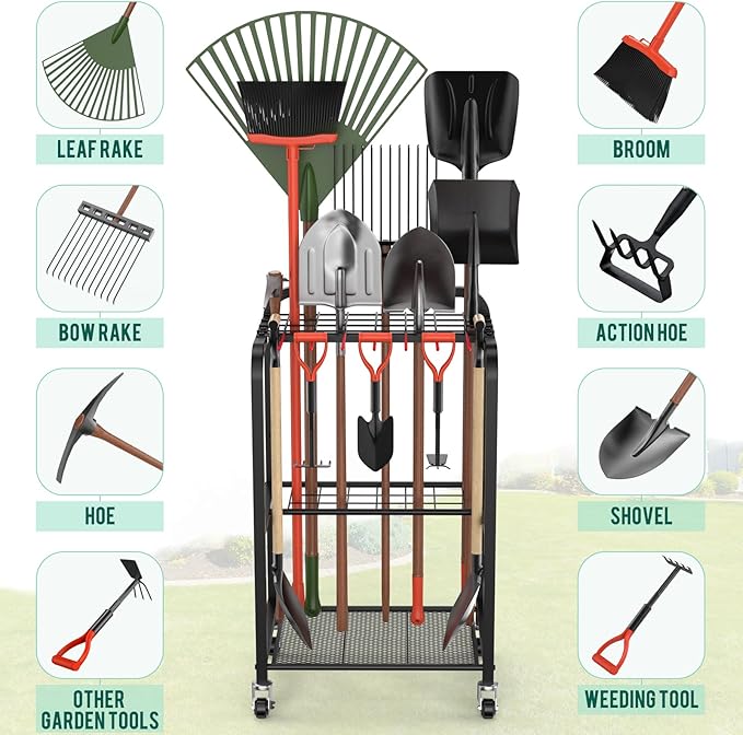 Trieez Garden Tool Organizer for Garage, Yard Tool Organizer with Wheels for Garage Organization and Storage - Sturdy Yard Tool Holder Tool Rack, for Shed, Outdoor, Tool Stand-VerdiqueGarden