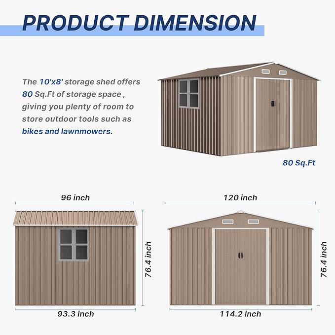 10FT x 8FT Metal Outdoor Storage Shed,Garden Sheds & Outdoor Storage w/Lockable Sliding Doors & Air Vent,Metal Shed for Backyard,Garden,Patio,Lawn-VerdiqueGarden