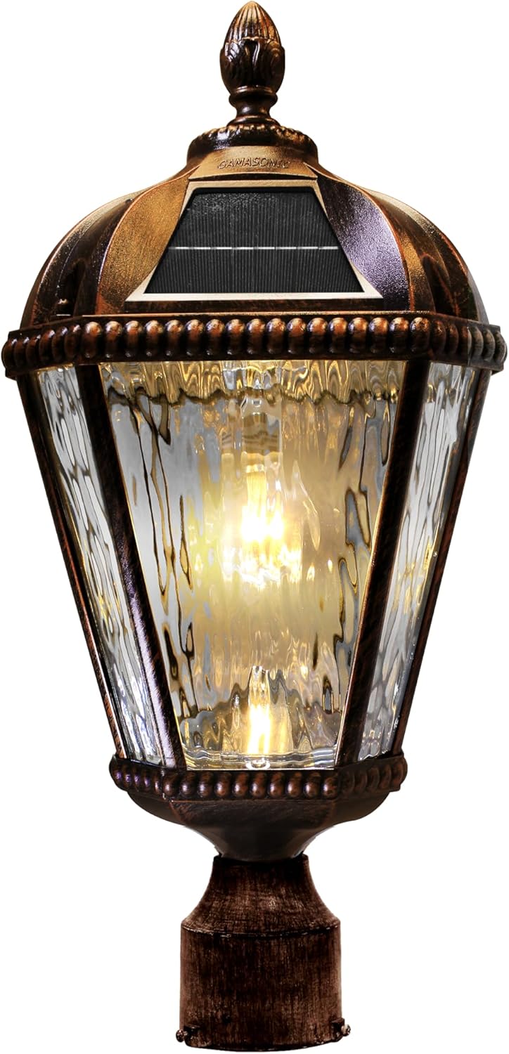 Gama Sonic Outdoor Solar Post Light, Brushed Bronze Finish Aluminum, Royal Bulb, Clear Rain Glass, 3-inch Fitter for Lamp Posts 98B112 (Upgraded Panel and Battery)-VerdiqueGarden