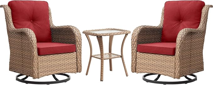Outdoor Patio Swivel Rocker Chairs - 3 Piece Patio Bistro Set,Wicker Patio Furniture Set with 2 Swivel Rocking Chairs and 1 Glass Top Side Table for Deck Porch Garden,Yellow/Red-VerdiqueGarden