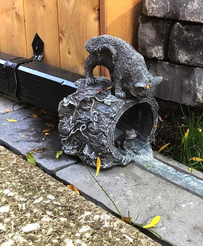 Gutter Downspout Extension - Downspout Splash Block - Downspout Diverter Garden Statue (Playful Chasing Kitty and Frog)-VerdiqueGarden