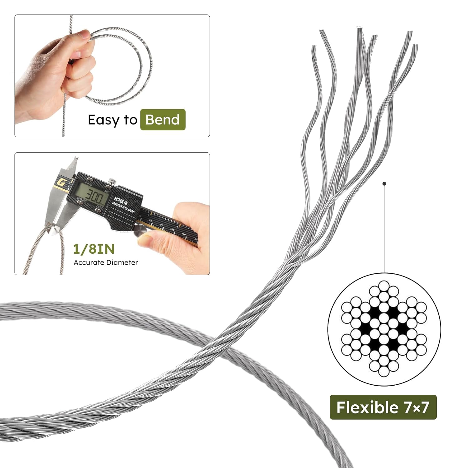 1/8 Inch Stainless Steel Cable Kit 200FT, 7 x 7 Strands Wire Rope with Aluminium Sleeves & Thimbles for Deck Railing, String Light Hanging, Shade Sail, Garden and DIY Projects-VerdiqueGarden