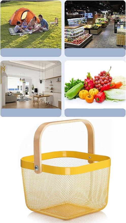 Metal Mesh Steel Basket, Storage Organizer Basket Multi-functional Hanging Kitchen Baskets Fruit Baskets with Wooden Handle for Kitchen Bathroom Picnic Shopping Decor Cabinet Home, Yellow-VerdiqueGarden