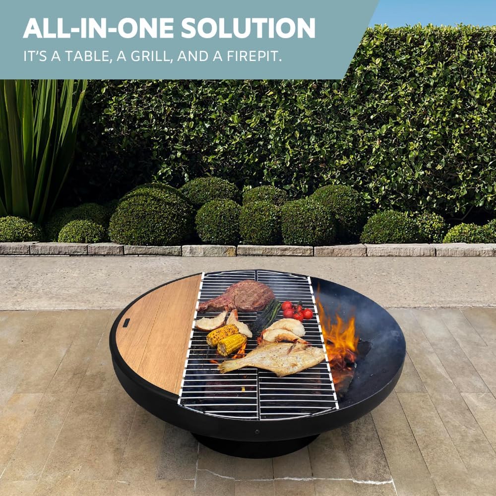32 Inch Round Fire Pit Table with Fire Pit Grill, Extra Thick, Heavy Duty Fire Bowl, Deep Outdoor Firepit, Wood Burning Firepits for Outside Patio, Backyard Fire Pits, Large BBQ Pit-VerdiqueGarden