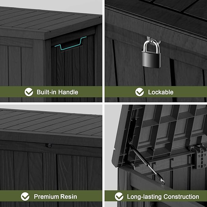 120 Gallon Outdoor Deck Box,Storage Lockable Waterproof Patio Furniture,Garden Tools,Cushions,Pool Accessories Outside Storage Resin Box(Black)-VerdiqueGarden