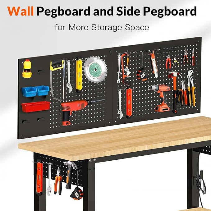 48“ Adjustable Height Workbench Work Bench for Garage Work Table with Under Table Shelf Heavy Duty Rubber Wood Top for Shop Woodworking, Office, Home, Commercial-VerdiqueGarden