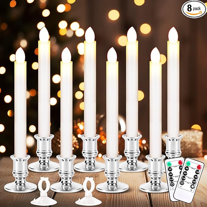 8 Pack Christmas Window Candles, Battery Operated with Timer Remote, LED with Candle Holders Suction Cups, Flickering for Christmas Decorations, Silver-VerdiqueGarden