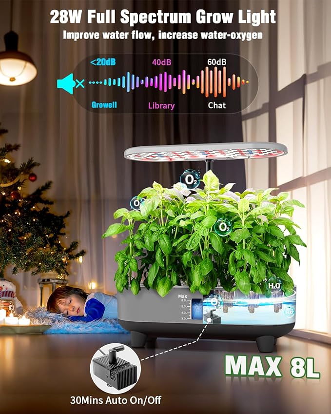 Hydroponics Growing System Kit, 16 Pods Indoor Garden with 28W Full Spectrum LED Grow Light, Auto Timer, 3 Smart Light Modes, 8L Large Herb Garden, Ideal Gardening Gift for Women, Men (Gray)-VerdiqueGarden