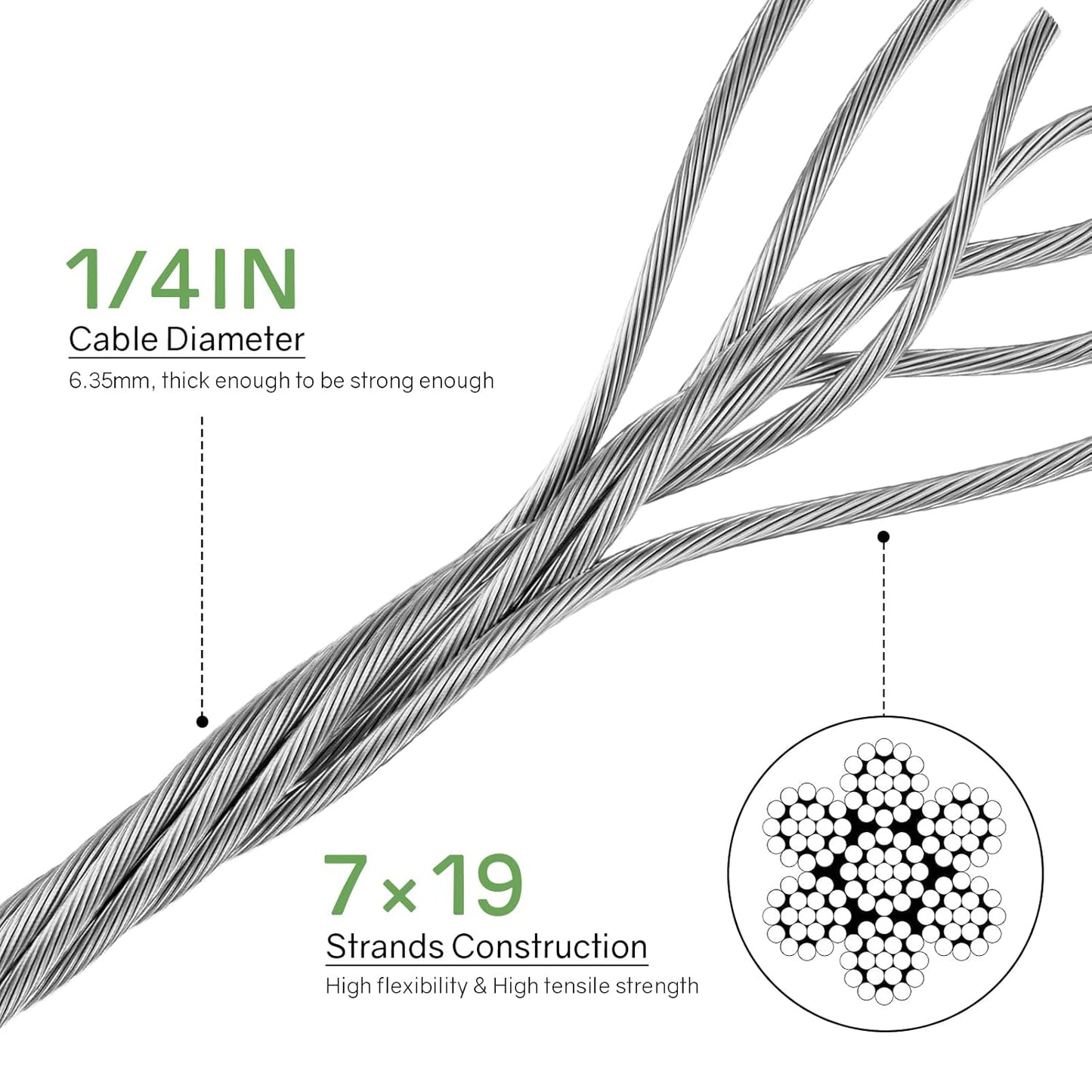 NEREUS 1/4" Stainless Steel Cable 400FT, 7x19 Strand Heavy-Duty Wire Rope, 6400 lbs Breaking Strength for Backyard Zipline, Deck Railing, Clotheslines and Outdoor Use-VerdiqueGarden