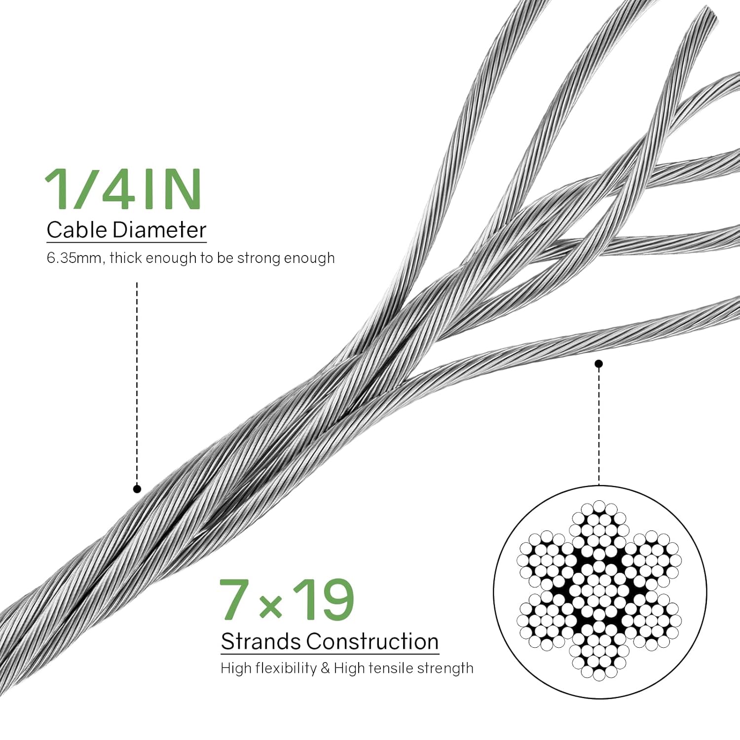 NEREUS 1/4" Stainless Steel Cable 400FT, 7x19 Strand Heavy-Duty Wire Rope, 6400 lbs Breaking Strength for Backyard Zipline, Deck Railing, Clotheslines and Outdoor Use-VerdiqueGarden